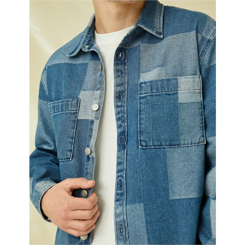 Koton Checkered Denim Jacket With Pocket Detailed Buttons Color Block