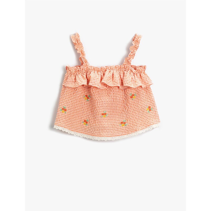 Koton Floral Embroidered Gingham Dress with Ruffled Straps