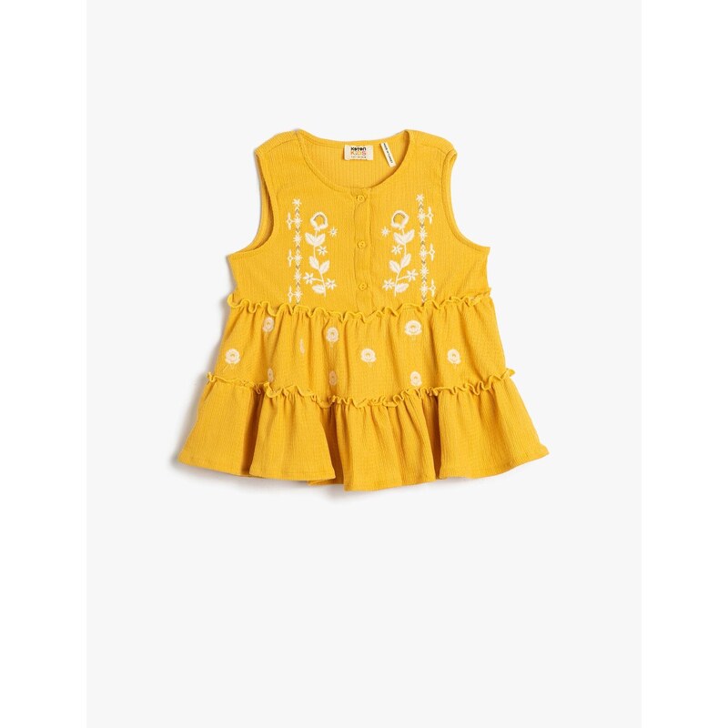 Koton Sleeveless T-Shirt with Embroidered Flowers and Ruffles in a loose fit.