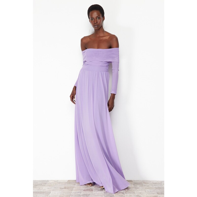 Trendyol Lilac Carmen Collar Tulle Long Evening Evening Dress