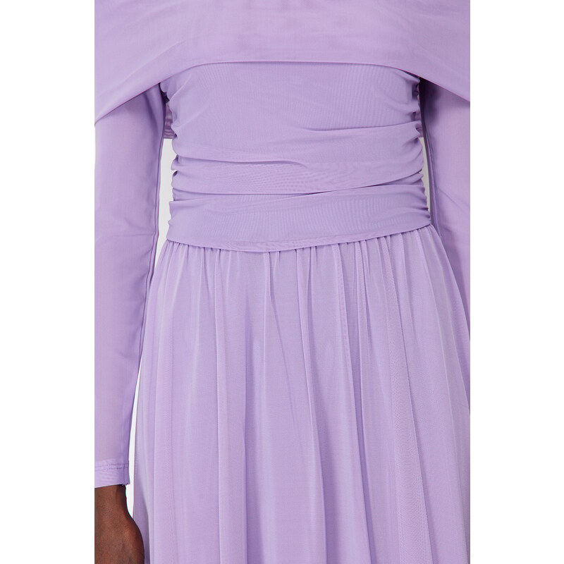 Trendyol Lilac Carmen Collar Tulle Long Evening Evening Dress