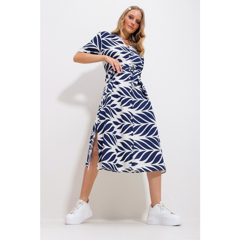 Trend Alaçatı Stili Women's Navy Blue Leaf Patterned Short Sleeve Shirt Dress