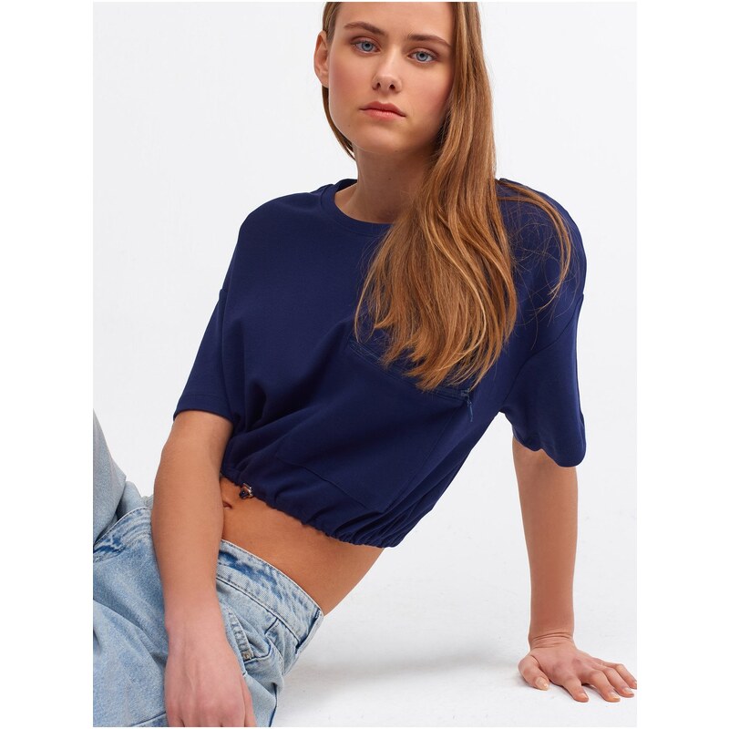 Dilvin 30225 Crop Cotton T-Shirt-Navy Blue