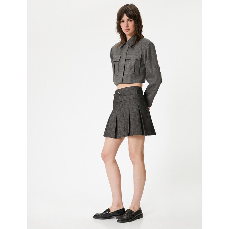 Koton Pleated Mini Skirt A-Line Belt Detailed Zippered