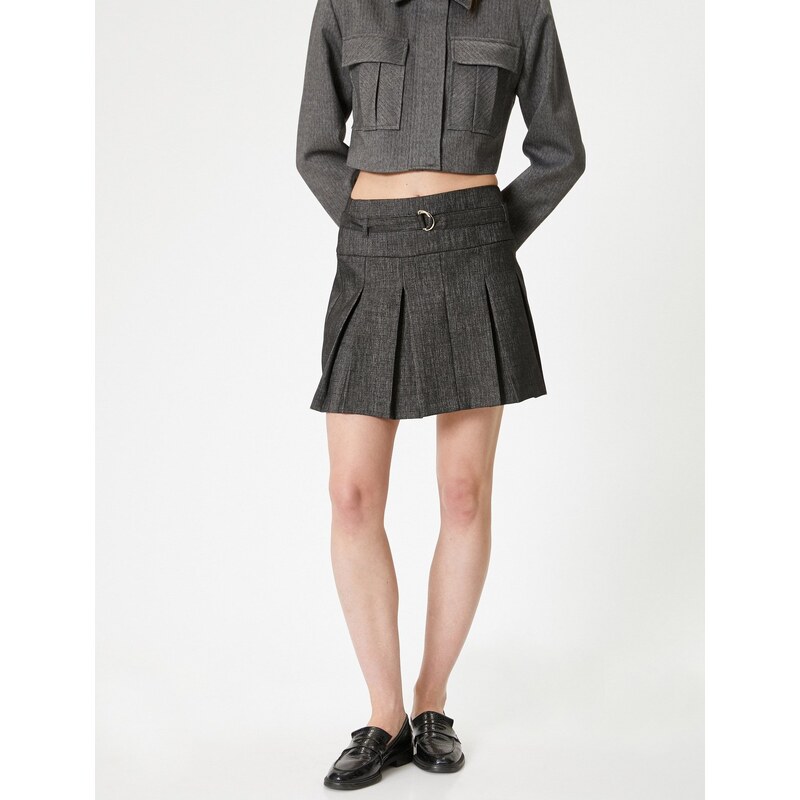 Koton Pleated Mini Skirt A-Line Belt Detailed Zippered
