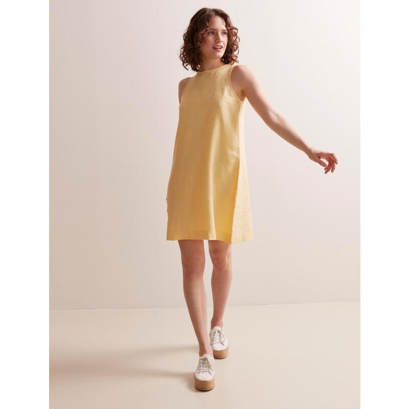 Jimmy Key Yellow Straight Cut Crew Neck Sleeveless Linen Dress