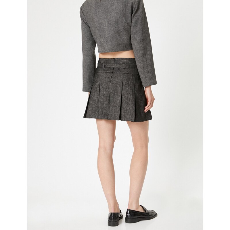 Koton Pleated Mini Skirt A-Line Belt Detailed Zippered