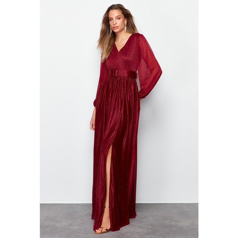 Trendyol Burgundy Satin Belt Detailed Long Evening Dress