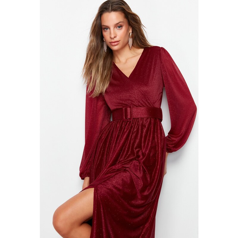 Trendyol Burgundy Satin Belt Detailed Long Evening Dress