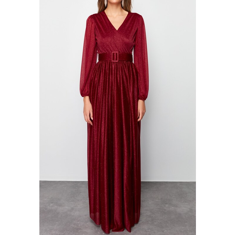 Trendyol Burgundy Satin Belt Detailed Long Evening Dress
