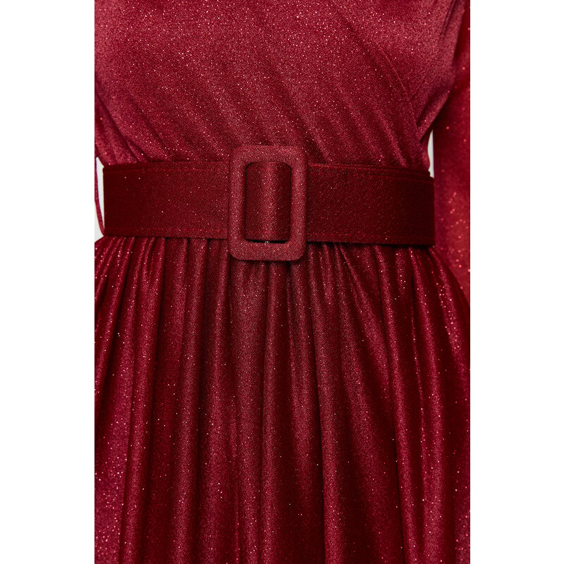 Trendyol Burgundy Satin Belt Detailed Long Evening Dress