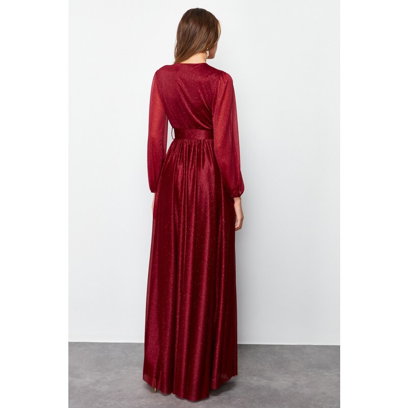 Trendyol Burgundy Satin Belt Detailed Long Evening Dress