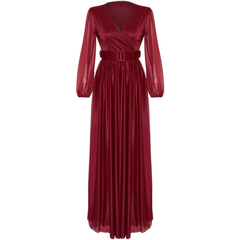 Trendyol Burgundy Satin Belt Detailed Long Evening Dress