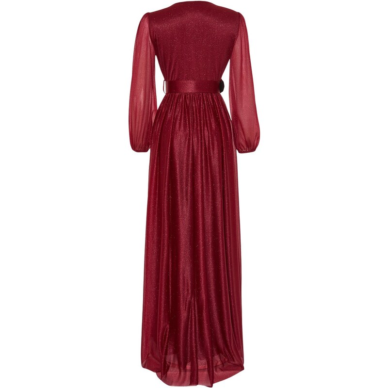 Trendyol Burgundy Satin Belt Detailed Long Evening Dress