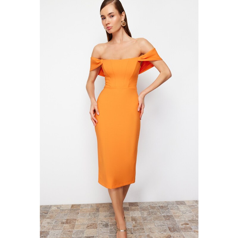 Trendyol Orange Fitted Woven Corset Detailed Elegant Evening Dress