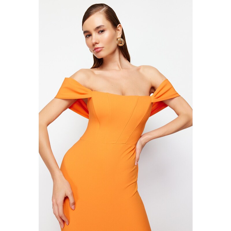 Trendyol Orange Fitted Woven Corset Detailed Elegant Evening Dress