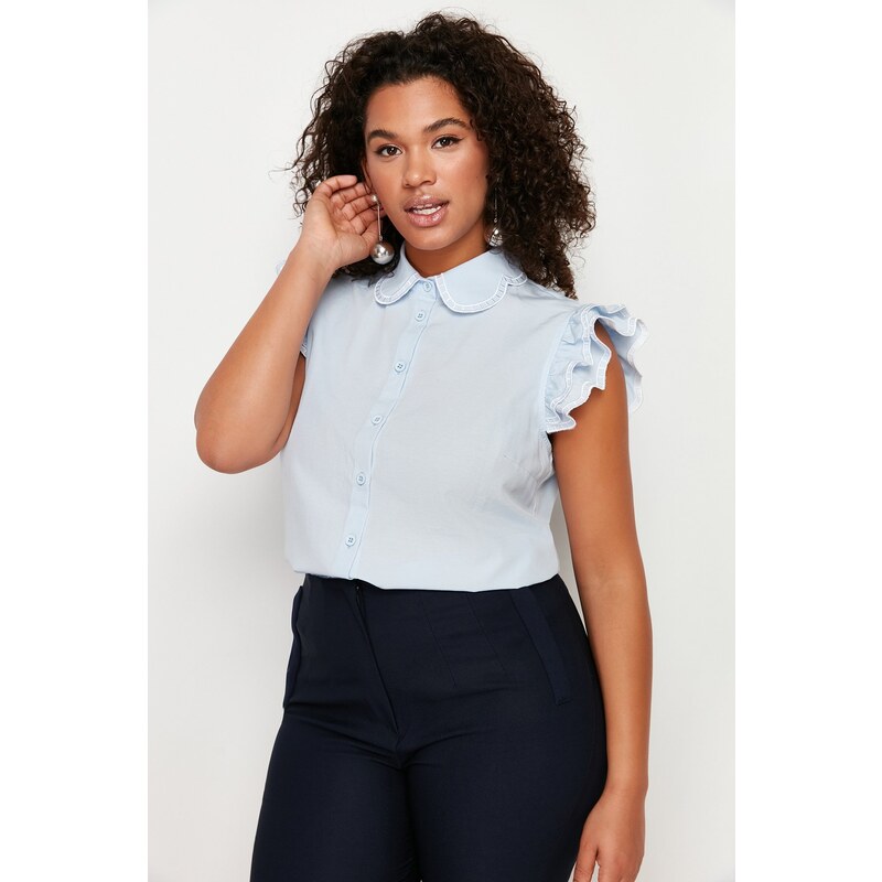 Trendyol Curve Blue Shoulder and Collar Embroidery Detail Woven Shirt 107074744