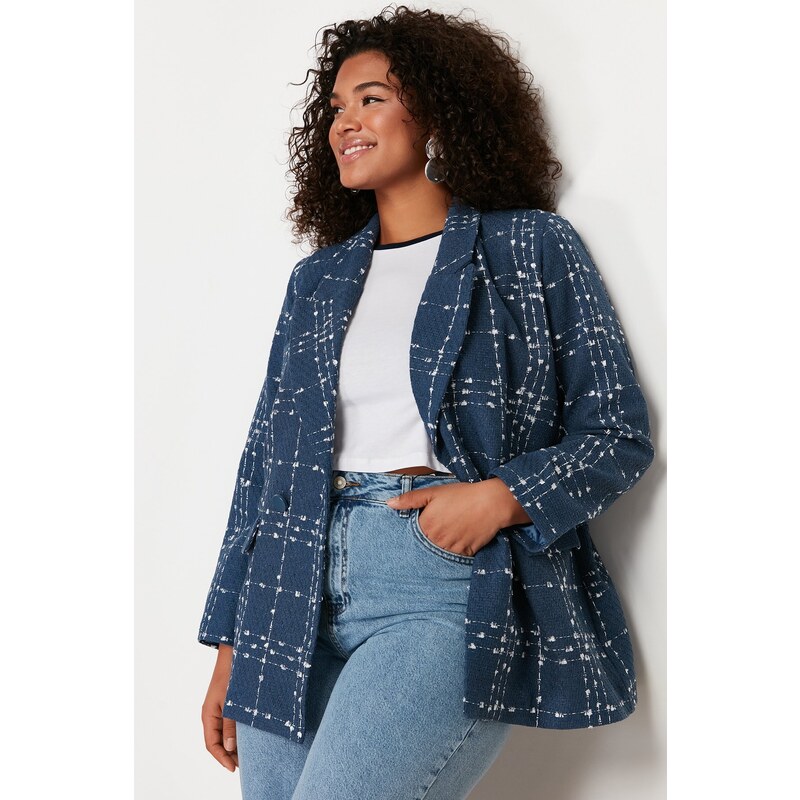 Trendyol Curve Navy Blue Tweed Woven Blazer Jacket