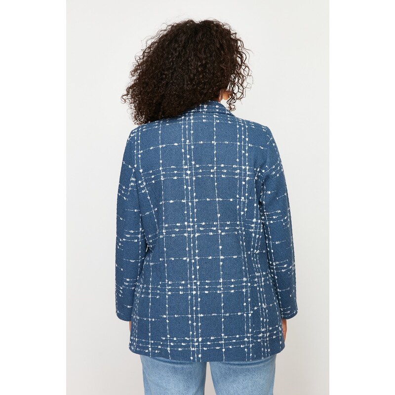 Trendyol Curve Navy Blue Tweed Woven Blazer Jacket