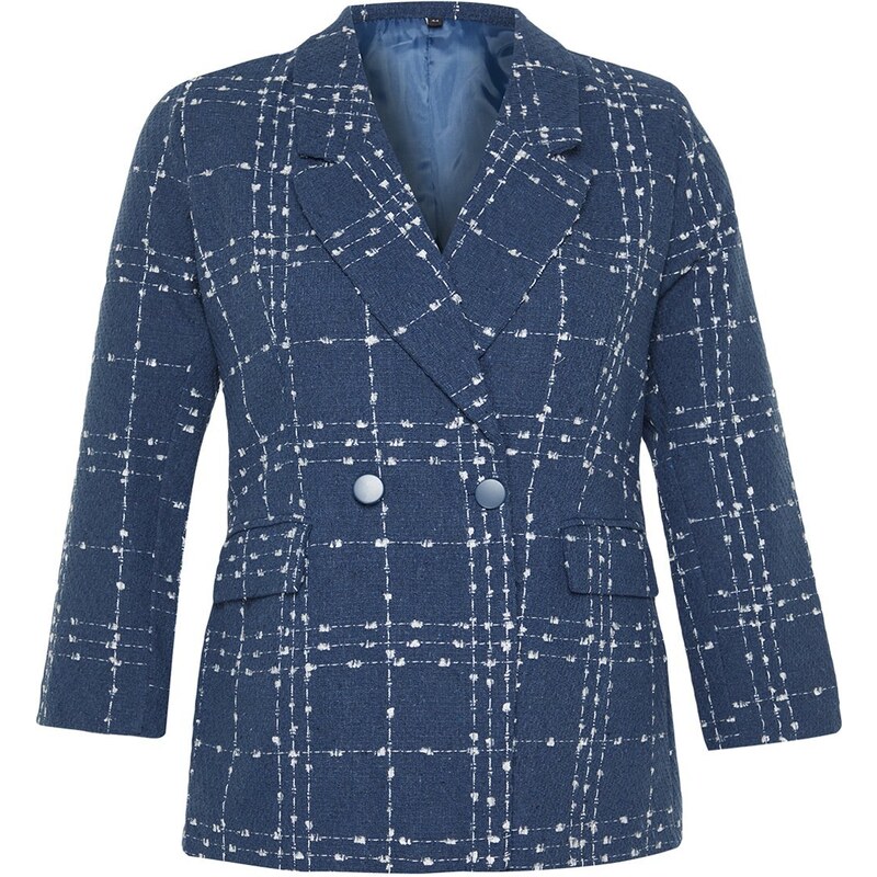 Trendyol Curve Navy Blue Tweed Woven Blazer Jacket