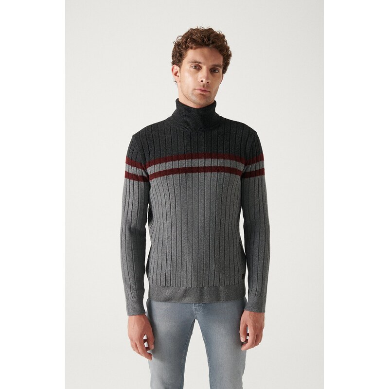 Avva Men's Anthracite Full Turtleneck Block Colored Standard Fit Normal Cut Woolen Sweater