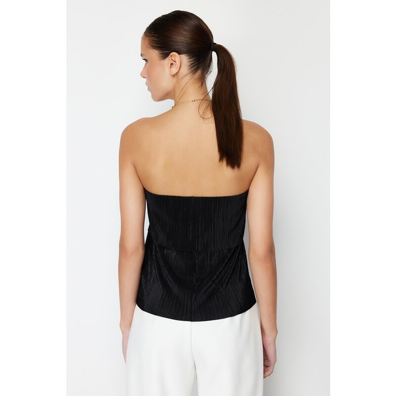 Trendyol Black Pleat Regular/Normal Fit Strapless Collar Stretch Knitted Blouse