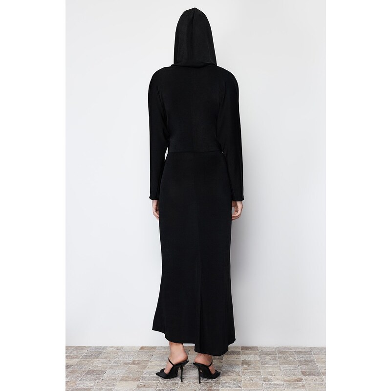 Trendyol Black Double Breasted Neck Hooded Elegant Knitted Dress