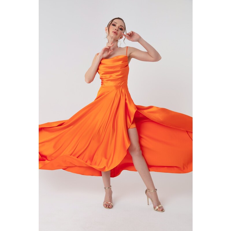 Lafaba Women's Orange Satin Evening &; Prom Dress with Ruffles and a Slit