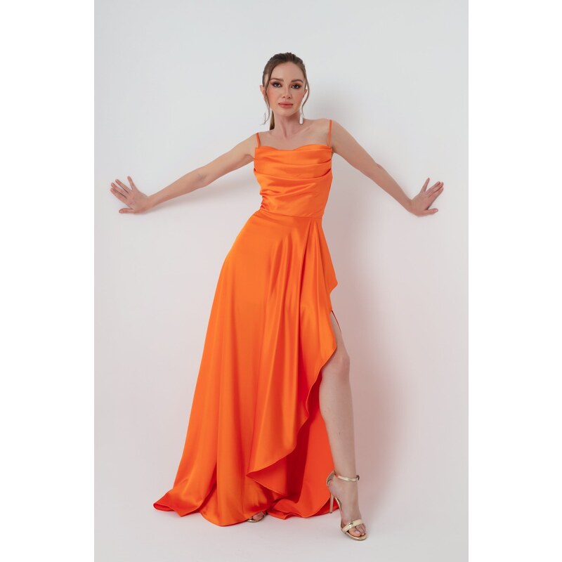 Lafaba Women's Orange Satin Evening &; Prom Dress with Ruffles and a Slit