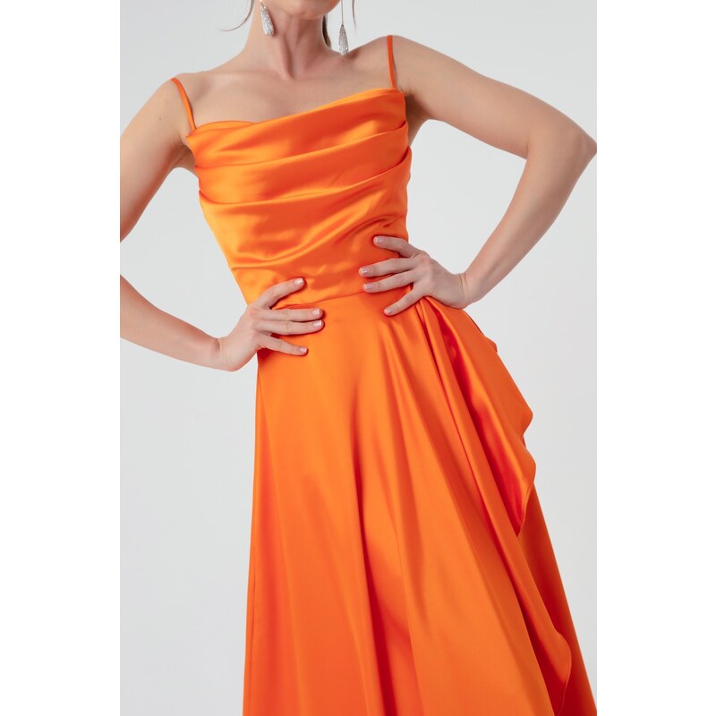 Lafaba Women's Orange Satin Evening &; Prom Dress with Ruffles and a Slit