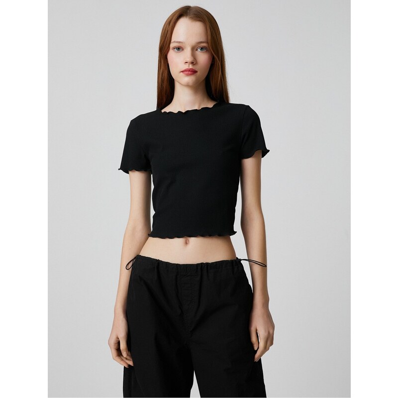 Koton Crop T-Shirt Short Sleeve Crew Neck Ruffle Detail