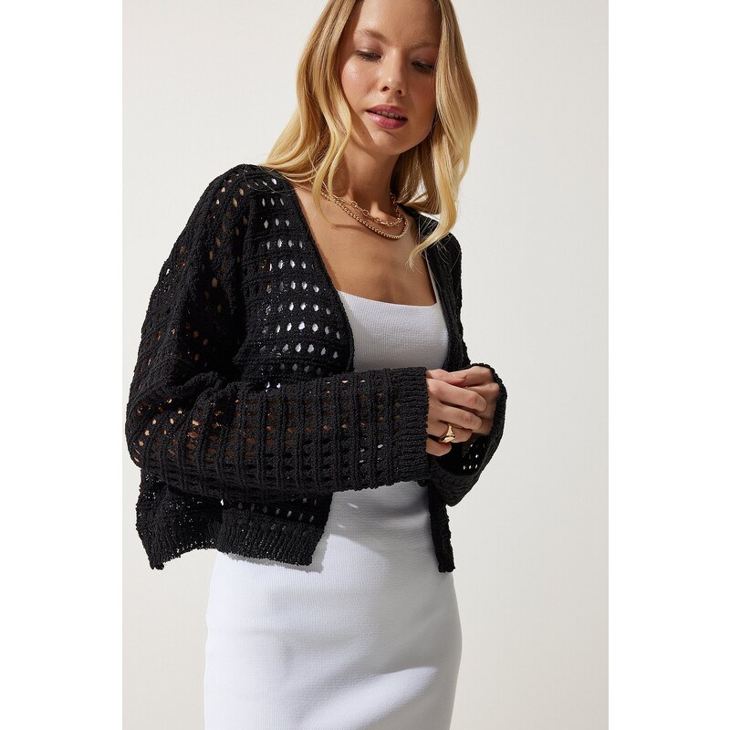 Happiness İstanbul Women's Black Perforated Tie Seasonal Knitwear Cardigan