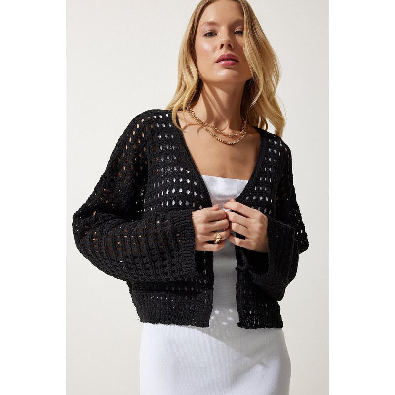 Happiness İstanbul Women's Black Perforated Tie Seasonal Knitwear Cardigan