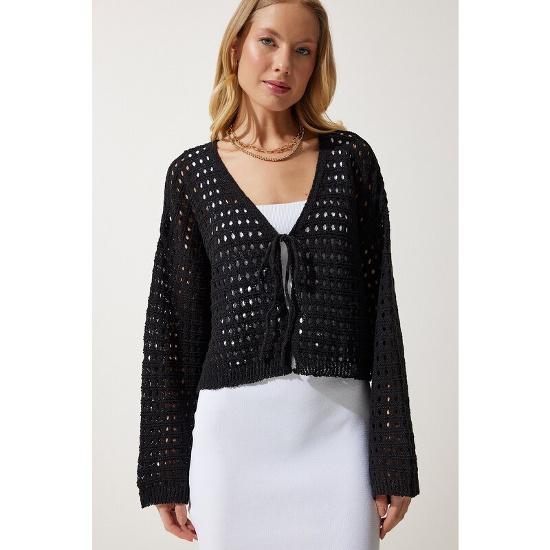 Happiness İstanbul Women's Black Perforated Tie Seasonal Knitwear Cardigan