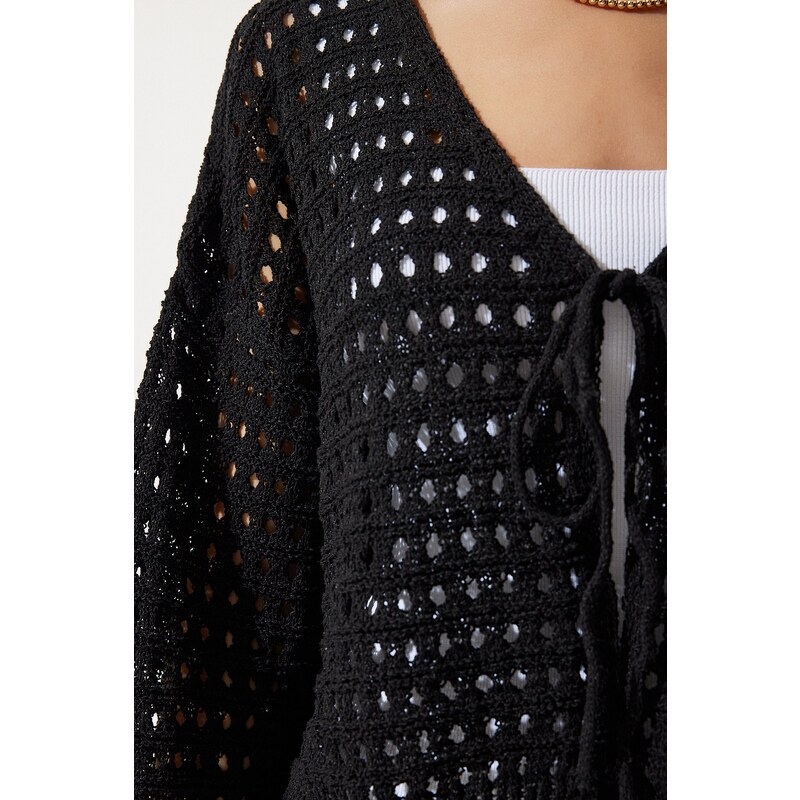 Happiness İstanbul Women's Black Perforated Tie Seasonal Knitwear Cardigan