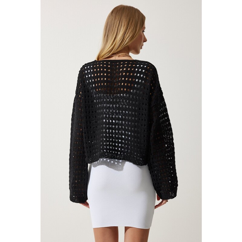 Happiness İstanbul Women's Black Perforated Tie Seasonal Knitwear Cardigan