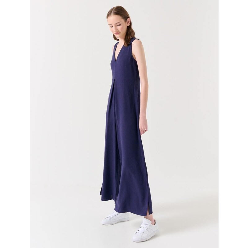 Jimmy Key Navy Blue Loose Fit Regular Length Linen Jumpsuit.