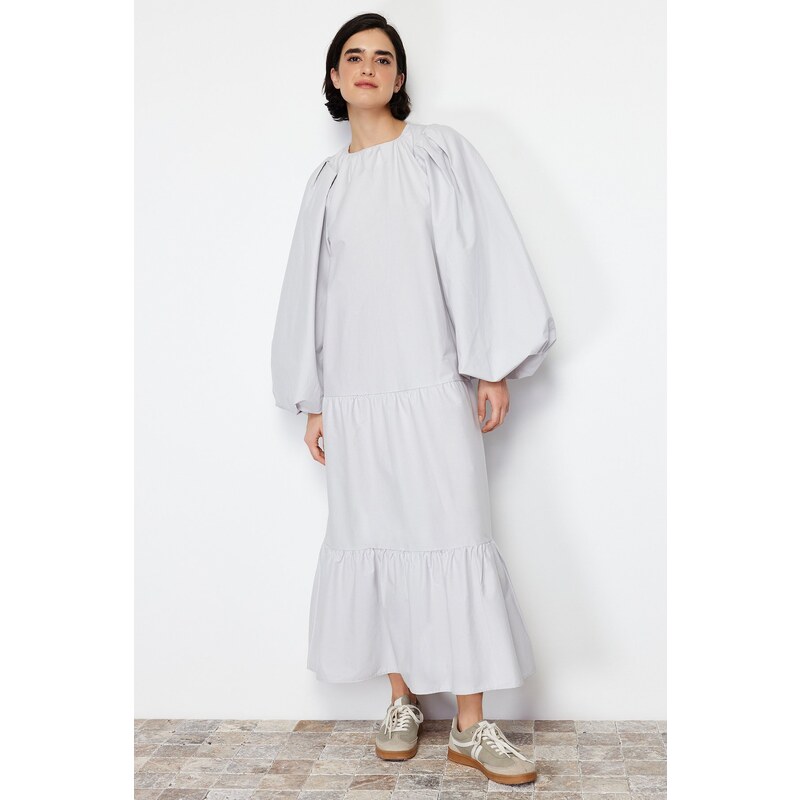 Trendyol Stone Balloon Sleeve Layered Cotton Woven Dress