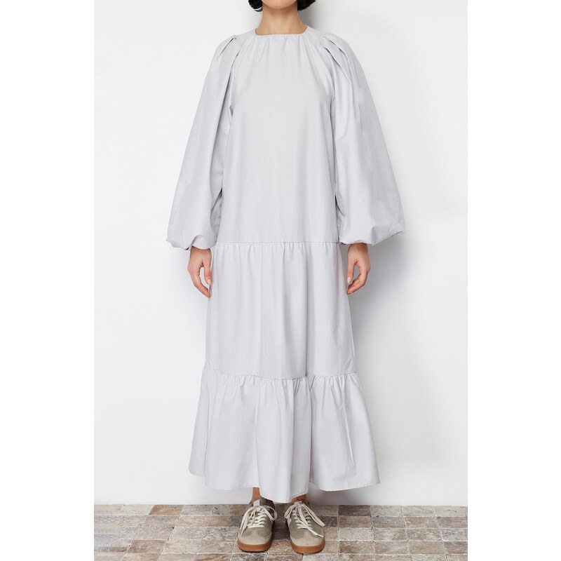 Trendyol Stone Balloon Sleeve Layered Cotton Woven Dress