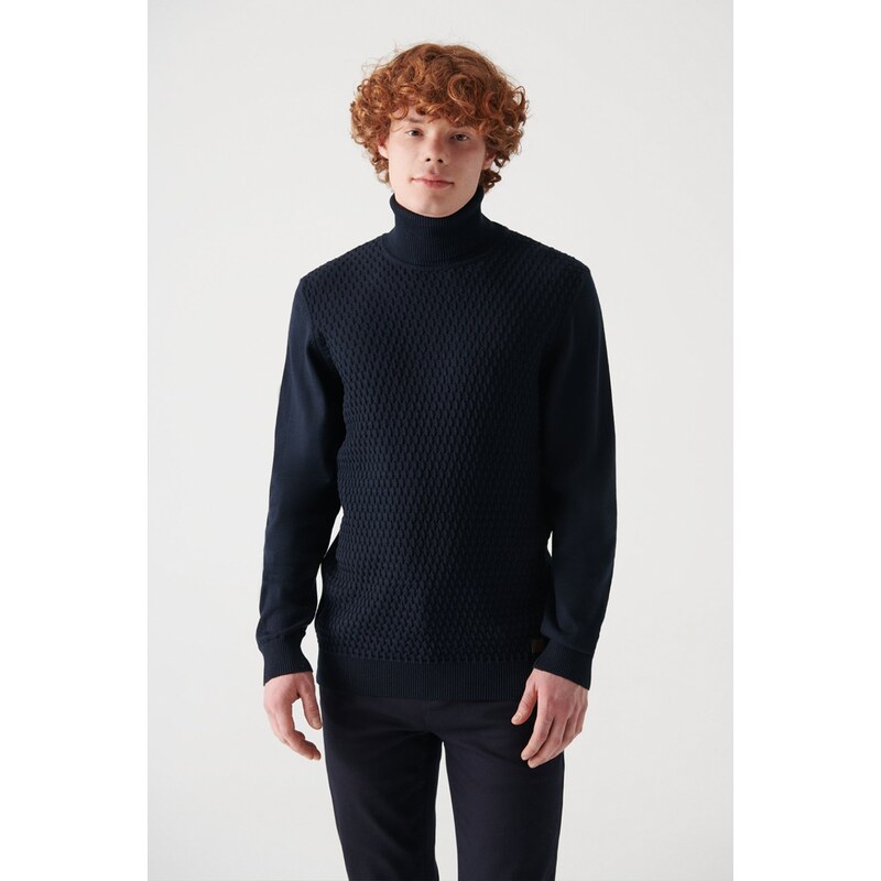 Avva Men's Navy Blue Full Turtleneck Front Textured Cotton Standard Fit Regular Cut Knitwear Sweater