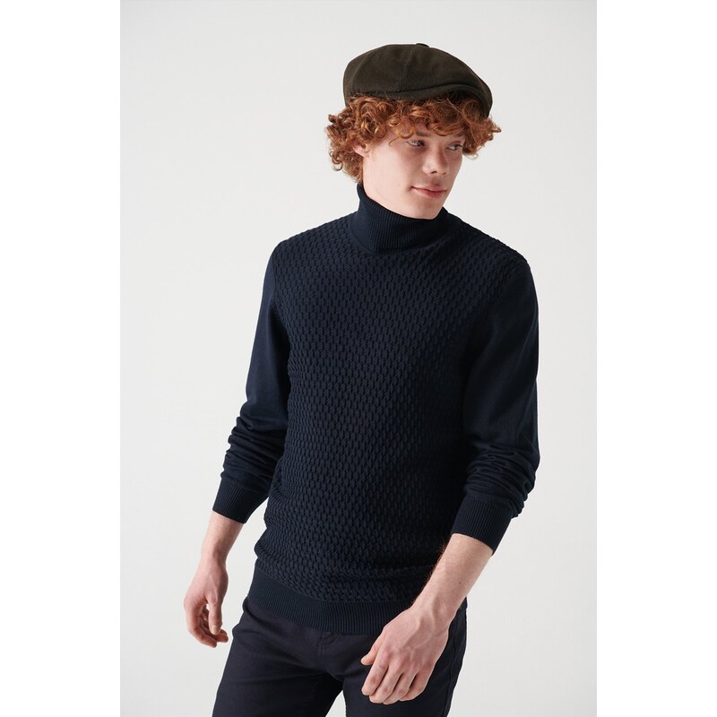 Avva Men's Navy Blue Full Turtleneck Front Textured Cotton Standard Fit Regular Cut Knitwear Sweater