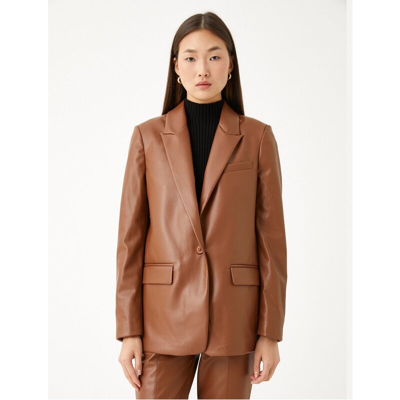 Koton Faux Leather Blazer Jacket with Pocket Detail.