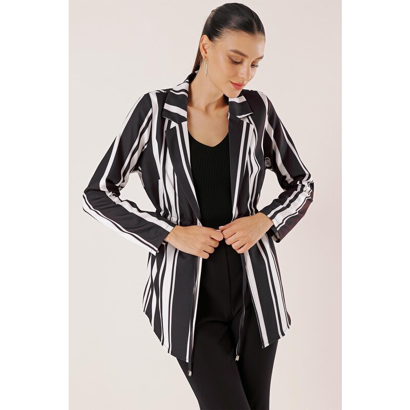 By Saygı Striped Longitudinal Drawstring Waist Folded Sleeve Jacket