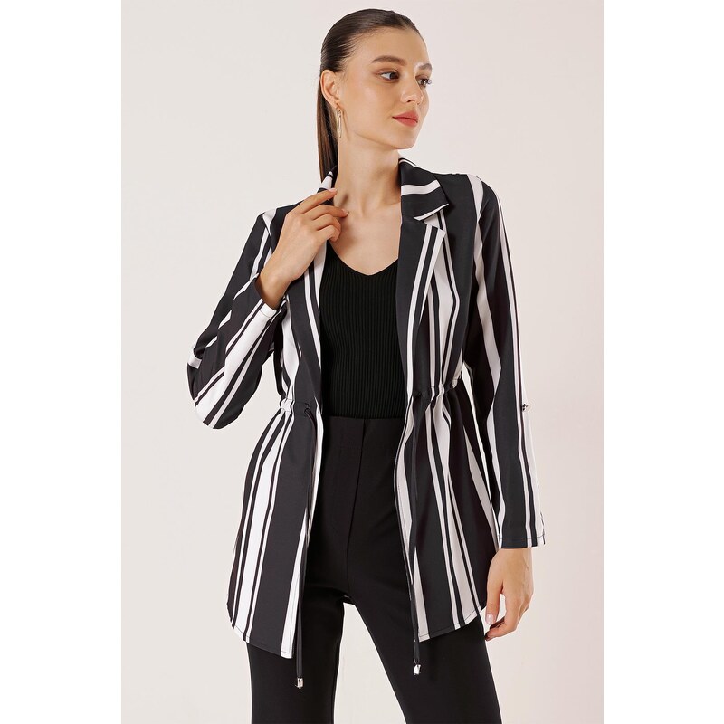 By Saygı Striped Longitudinal Drawstring Waist Folded Sleeve Jacket