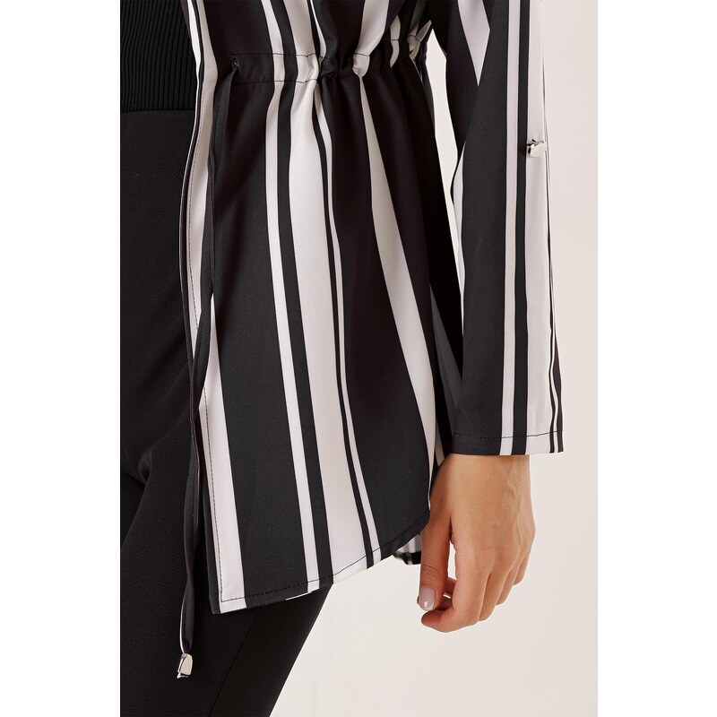 By Saygı Striped Longitudinal Drawstring Waist Folded Sleeve Jacket