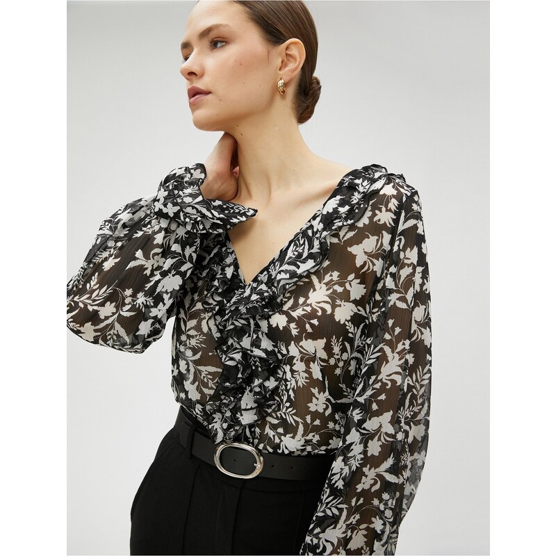 Koton Chiffon Blouse with Floral Rims V-Neck