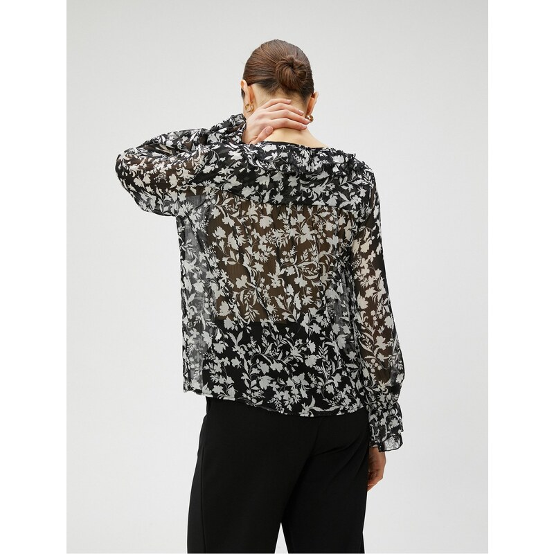 Koton Chiffon Blouse with Floral Rims V-Neck