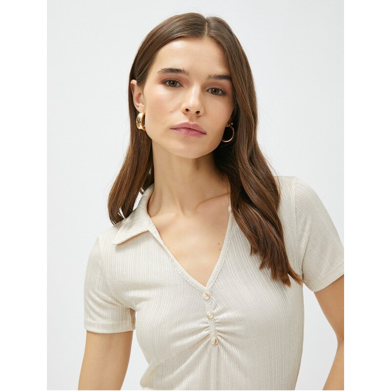 Koton Crop Polo T-Shirt Striped Draping Detailed