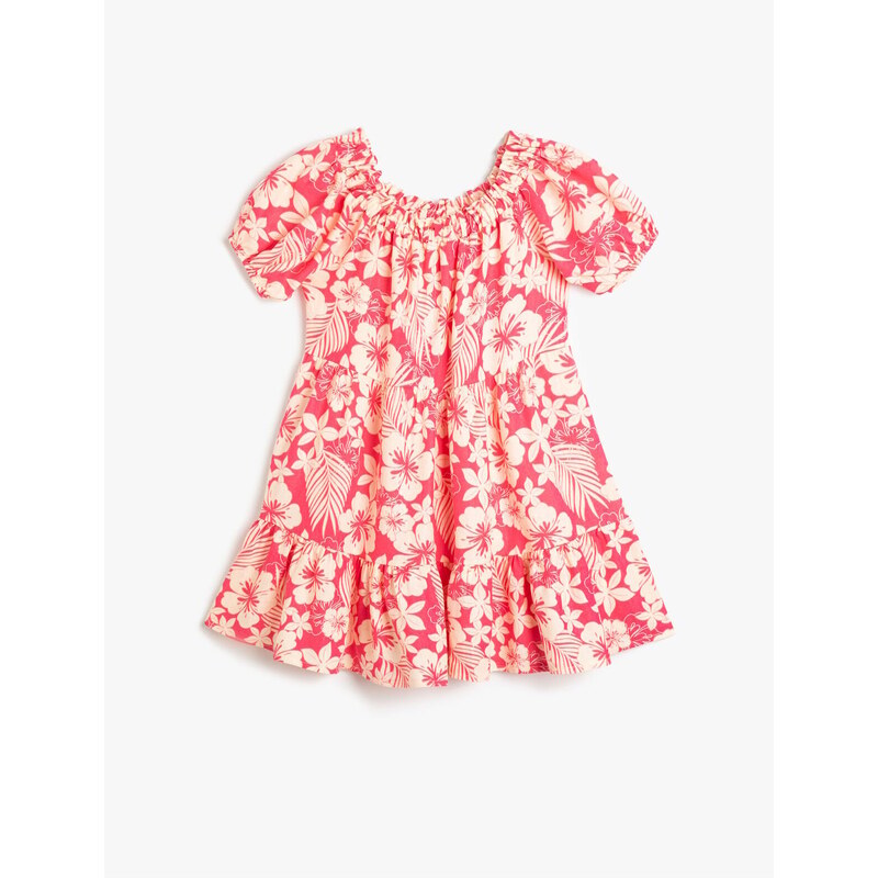 Koton Floral Linen Dress with Balloon Sleeves Tiered