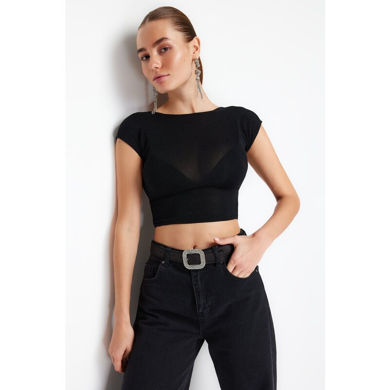 Trendyol Black Crop Unlined Shiny Blouse